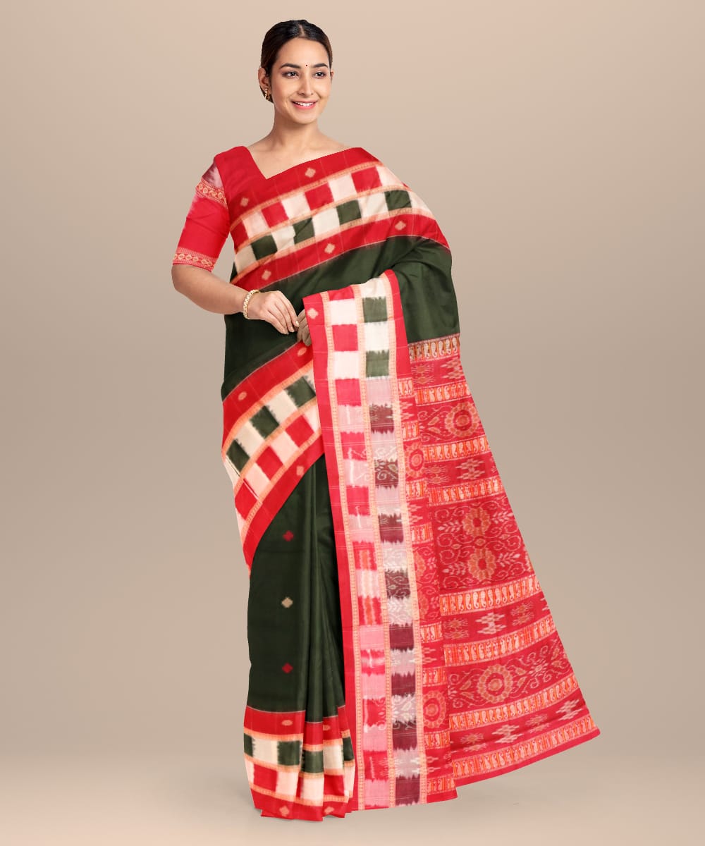 Dark green red handloom cotton bomkai saree