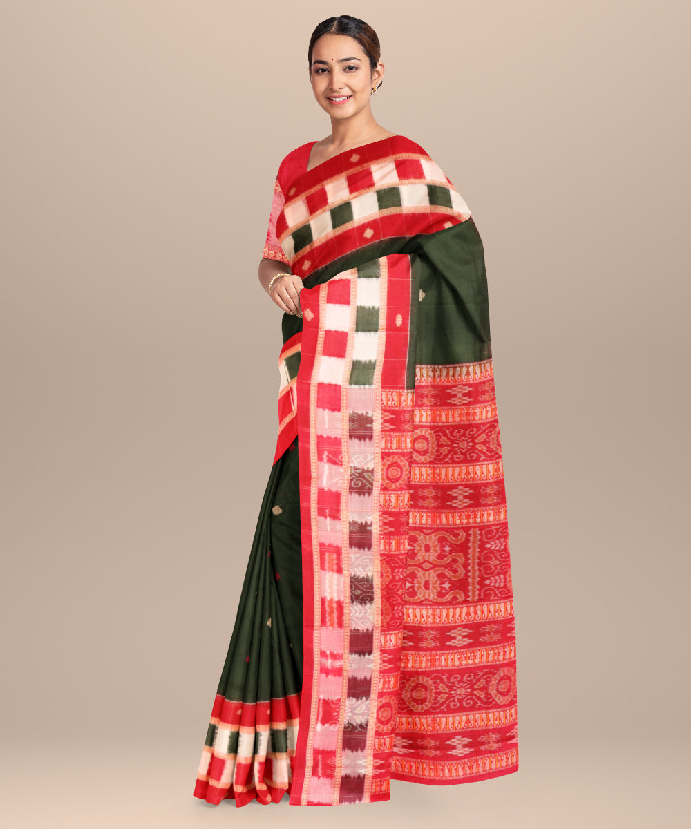Dark green red handloom cotton bomkai saree