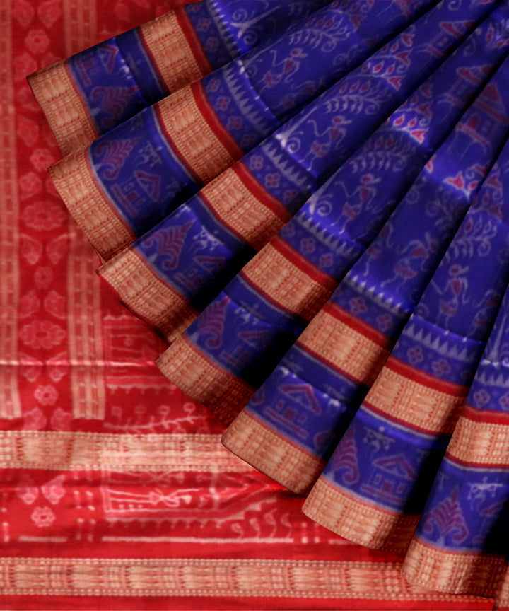 Navy Blue Dark Red Silk Handloom Sambalpuri Saree