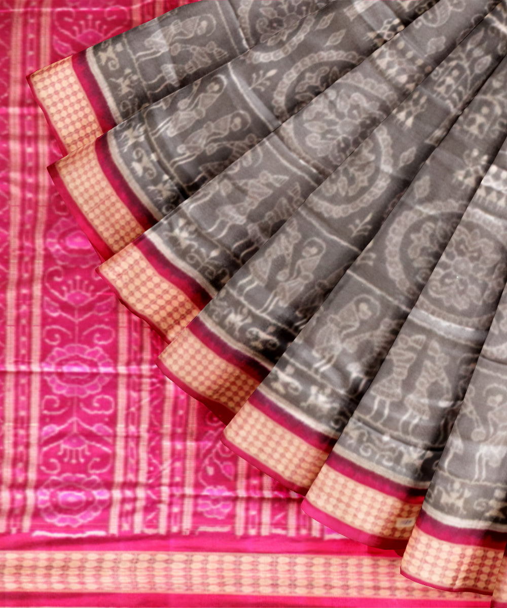 Beige Bright Pink Silk Handloom Sambalpuri Saree