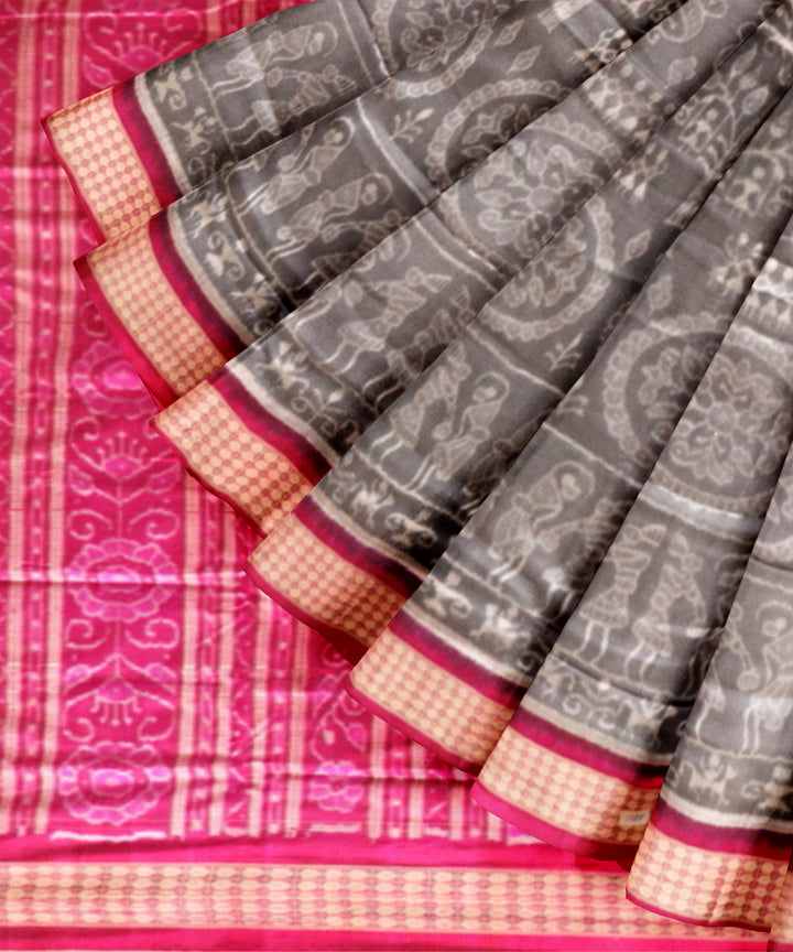 Beige Bright Pink Silk Handloom Sambalpuri Saree