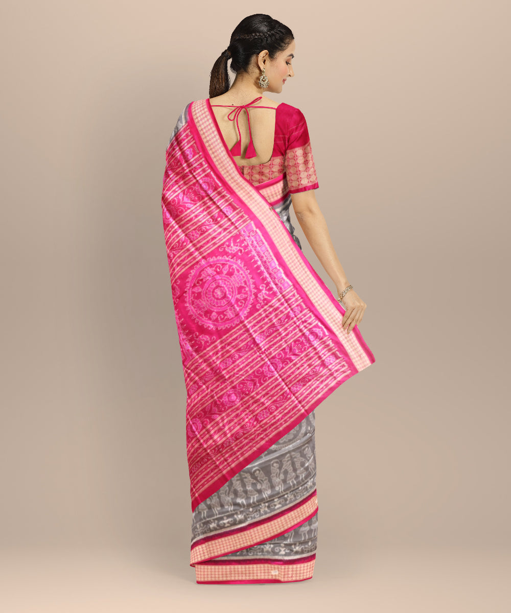 Beige bright pink silk handloom sambalpuri saree