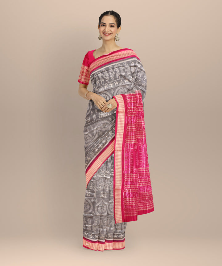 Beige Bright Pink Silk Handloom Sambalpuri Saree
