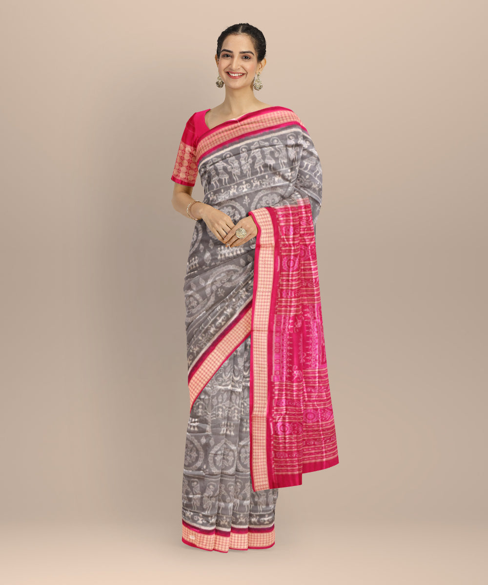 Beige bright pink silk handloom sambalpuri saree