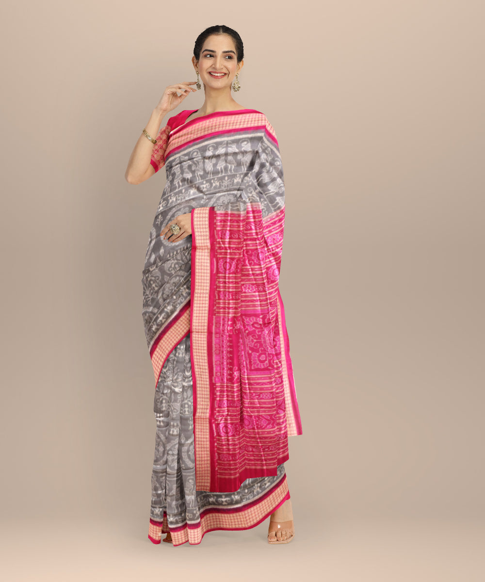 Beige bright pink silk handloom sambalpuri saree