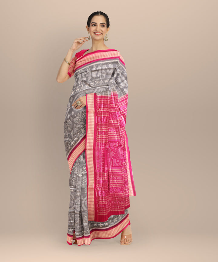 Beige bright pink silk handloom sambalpuri saree