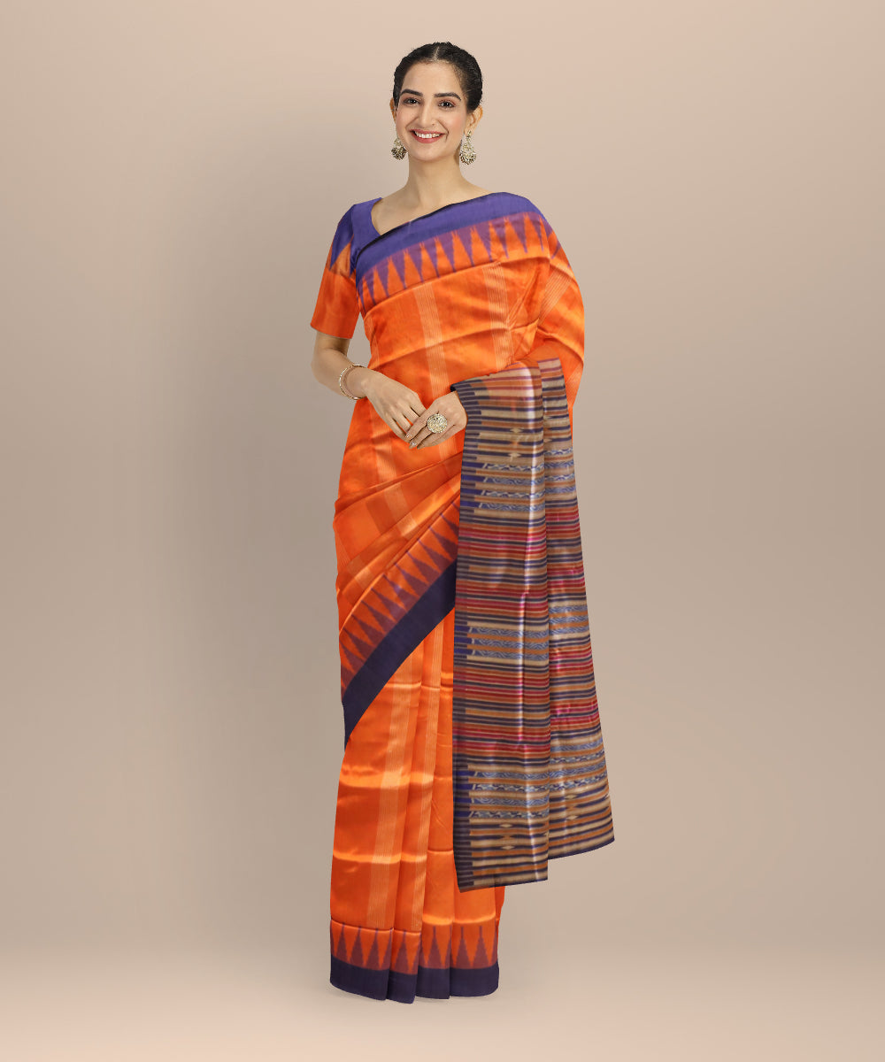 Orange Dark Blue Silk Handloom Sambalpuri Saree