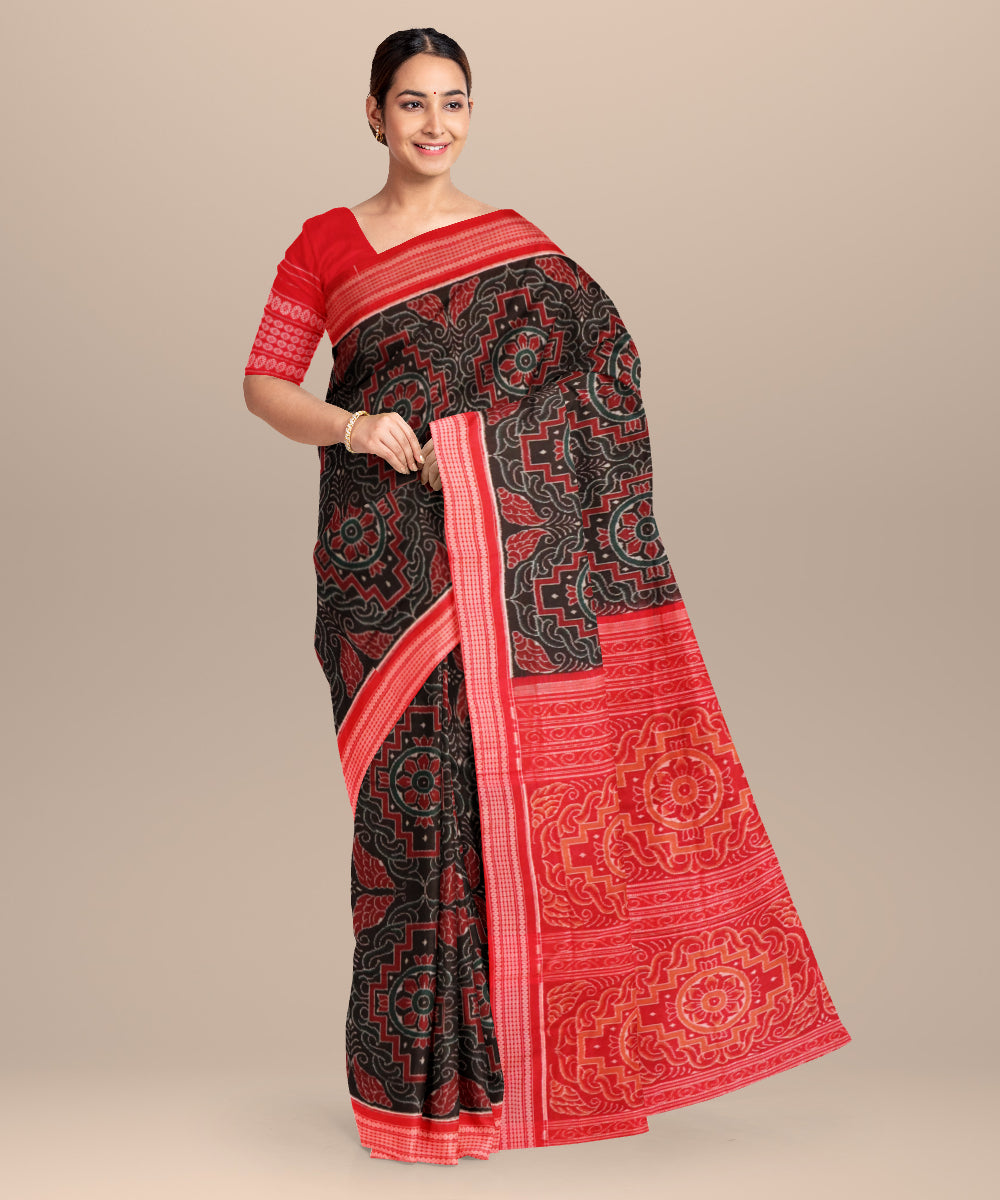 Black dark red cotton handloom sambalpuri saree