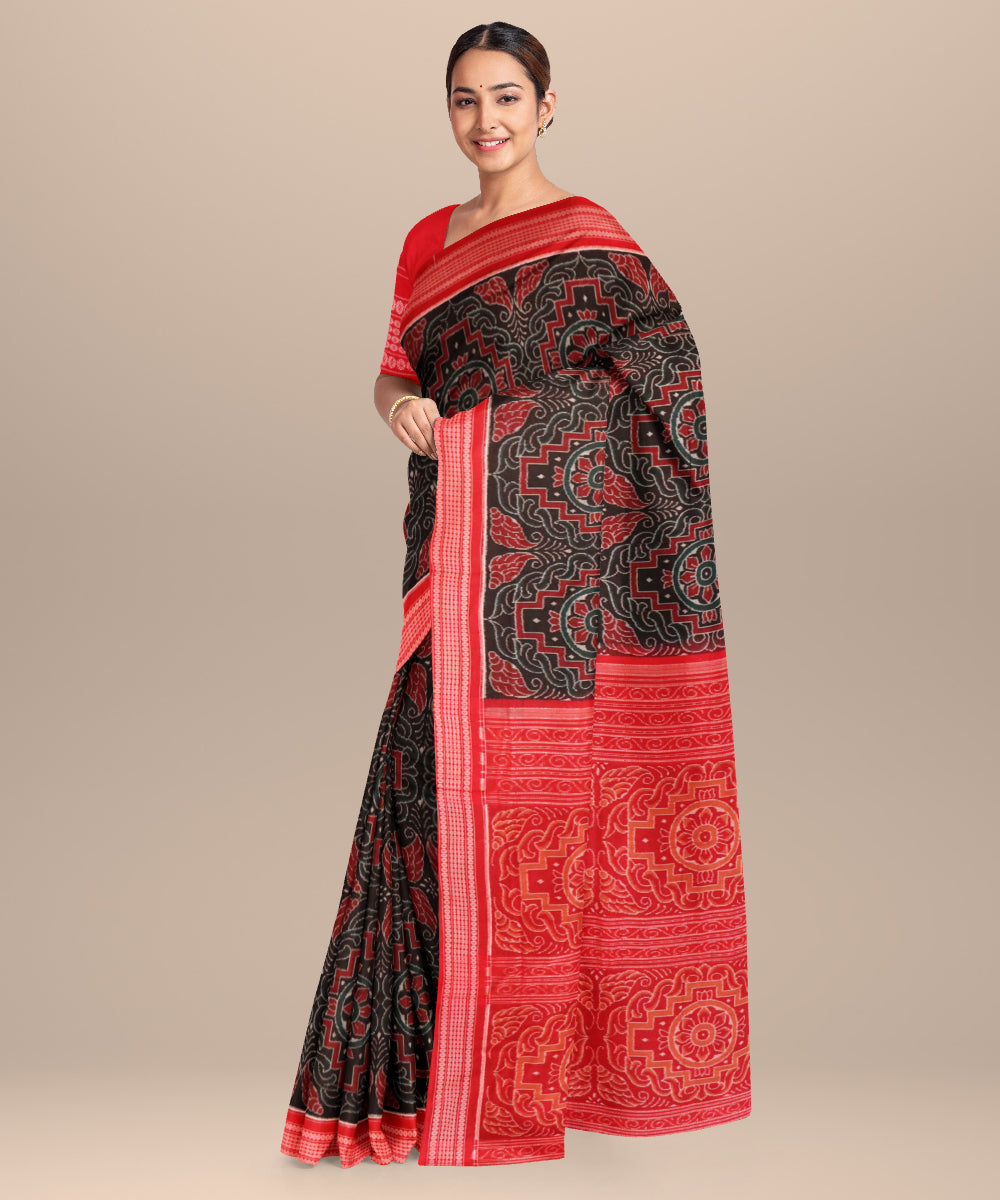 Black dark red cotton handloom sambalpuri saree