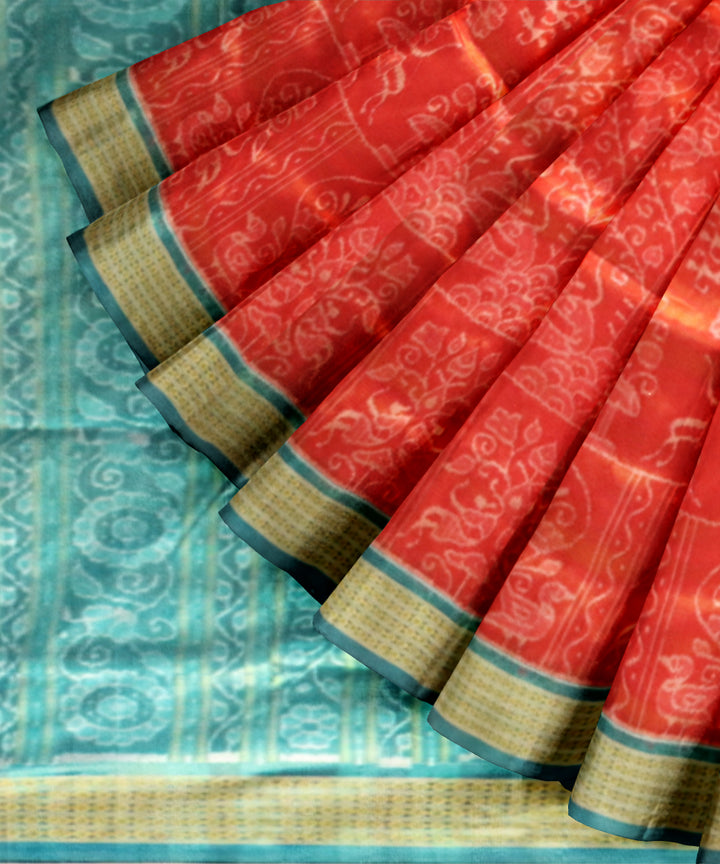 Coral Red & Dodger Blue Tissue Silk Sambalpuri Handloom Saree
