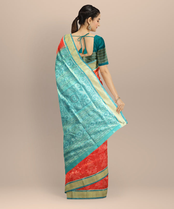 Coral Red & Dodger Blue Tissue Silk Sambalpuri Handloom Saree