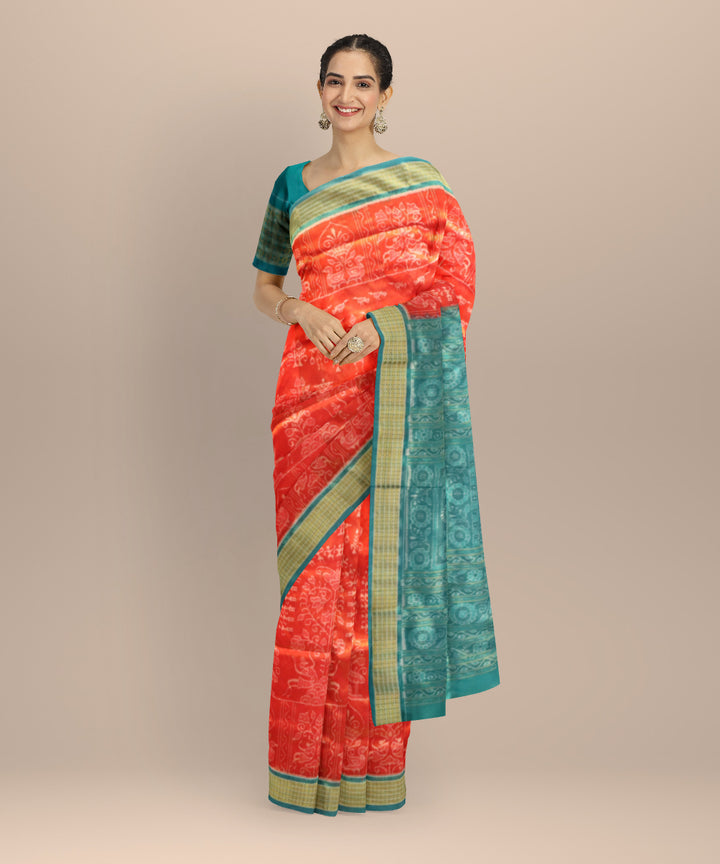 Coral Red & Dodger Blue Tissue Silk Sambalpuri Handloom Saree