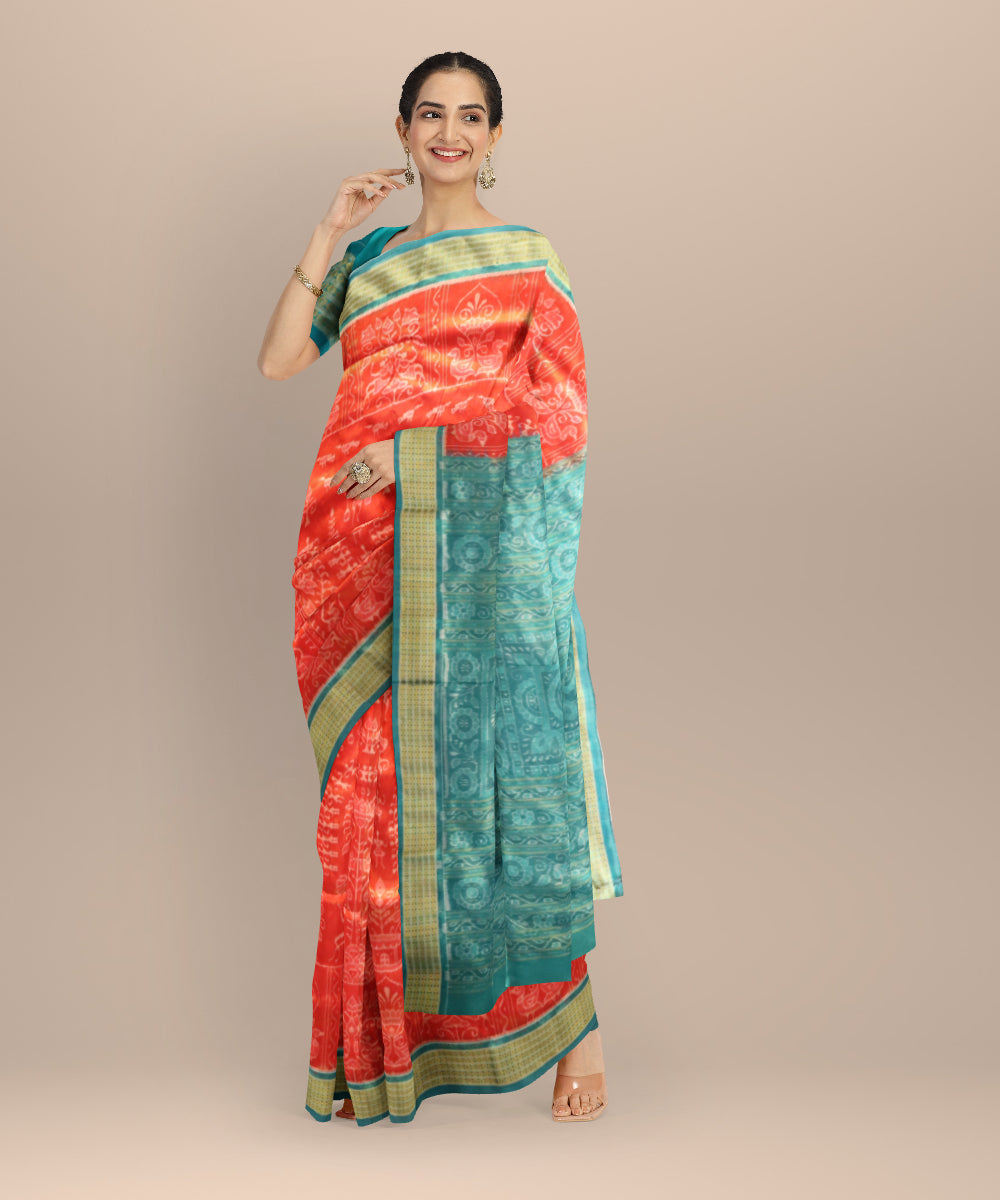 Coral Red & Dodger Blue Tissue Silk Sambalpuri Handloom Saree