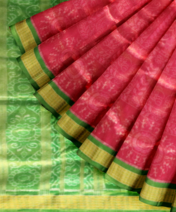 Pink Bright Green Silk Handloom Sambalpuri Saree