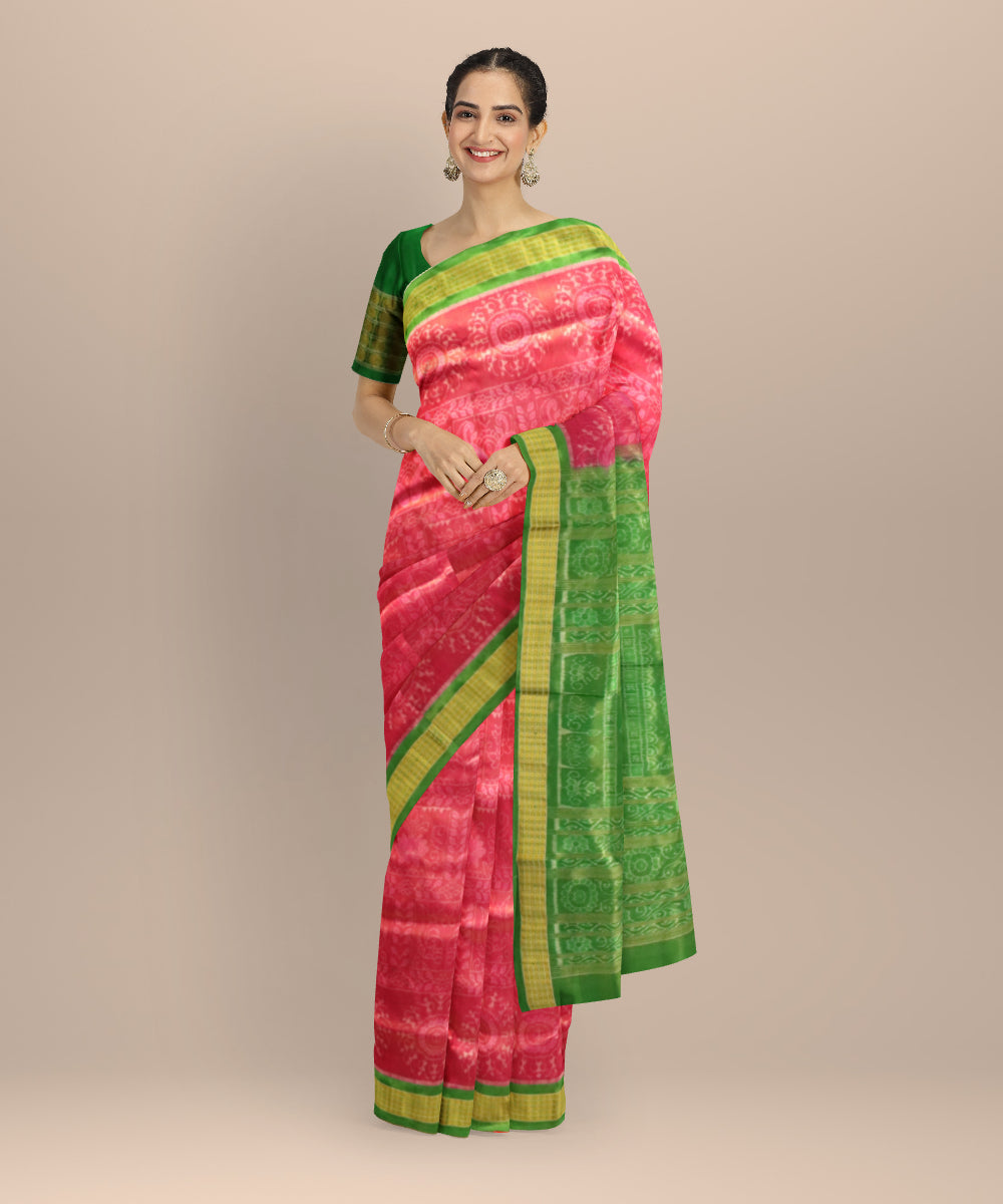 Pink Bright Green Silk Handloom Sambalpuri Saree