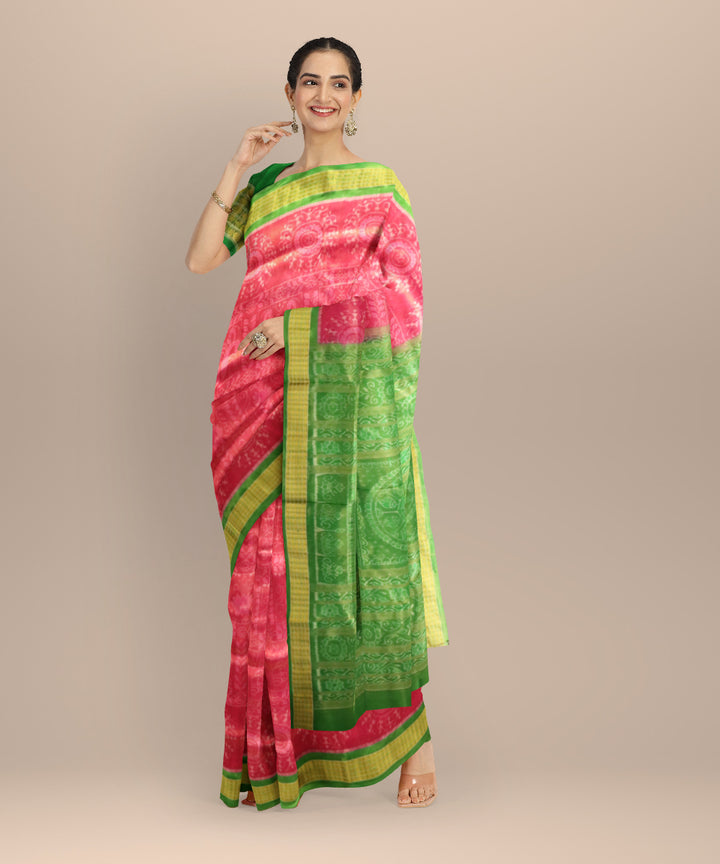 Pink Bright Green Silk Handloom Sambalpuri Saree