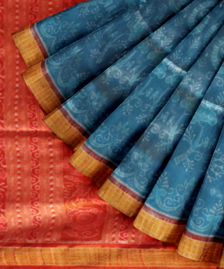 Sky Blue Dark Red Silk Handloom Sambalpuri Saree 3