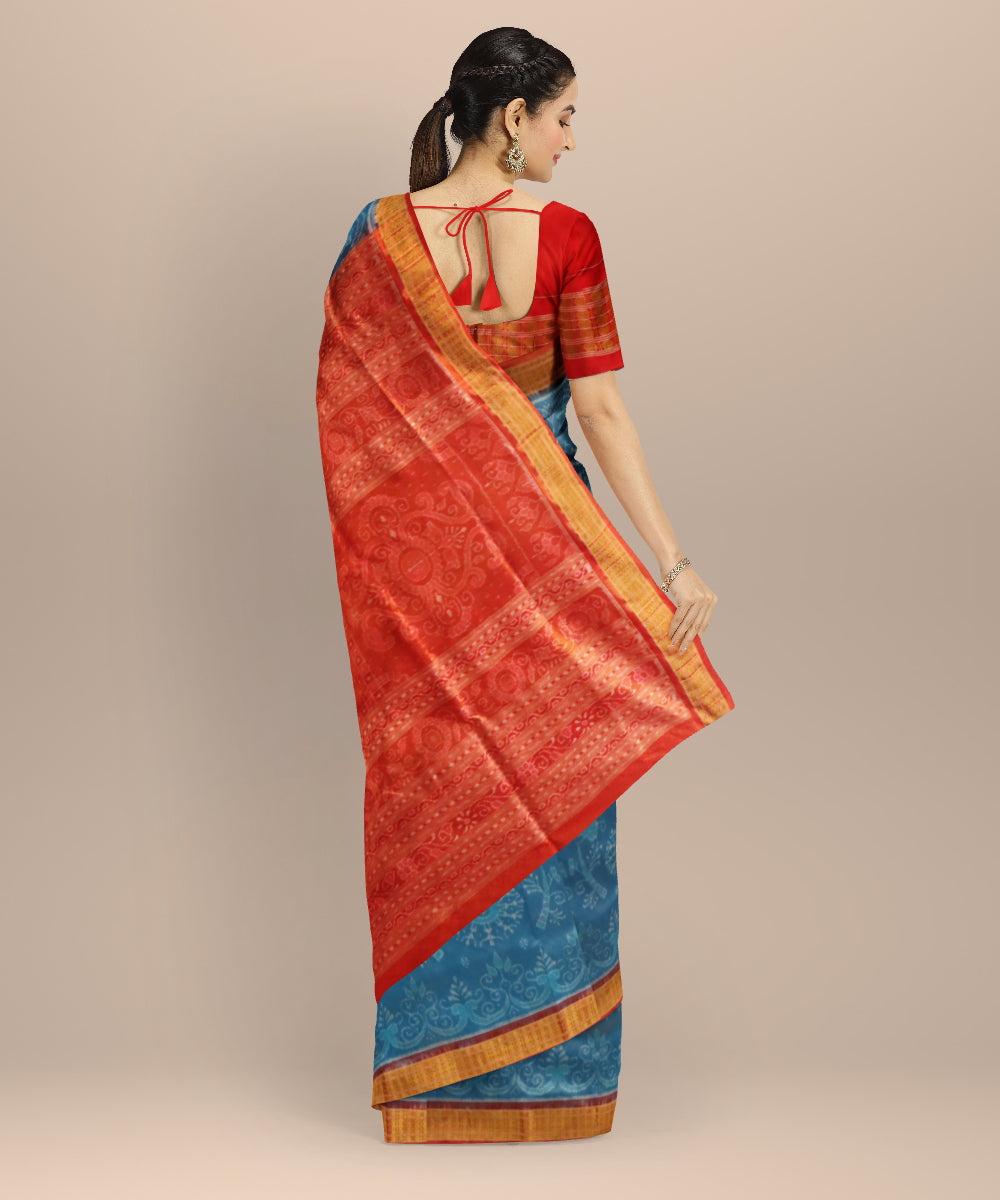 Sky Blue Dark Red Silk Handloom Sambalpuri Saree 3