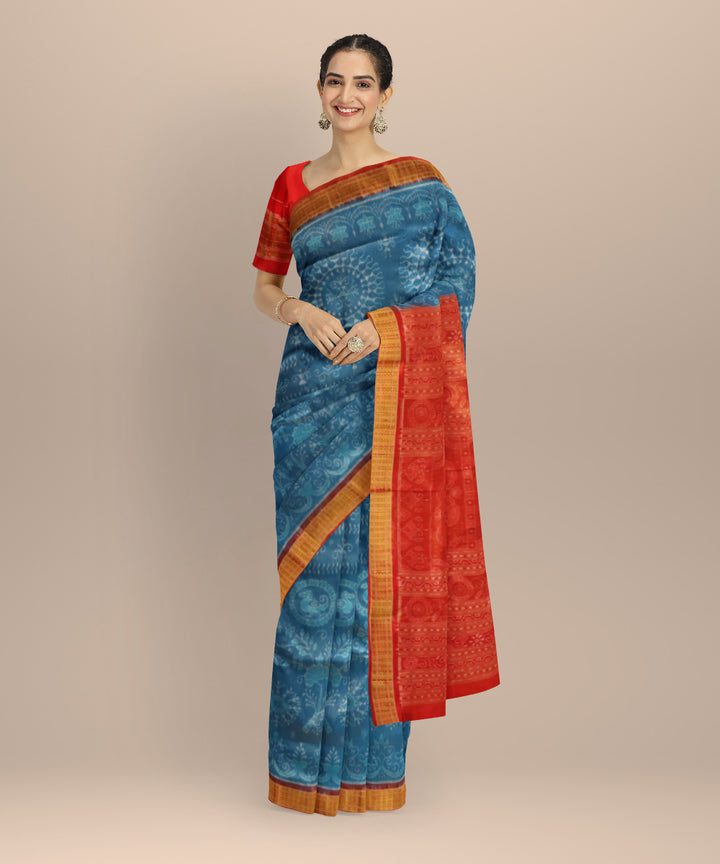 Sky Blue Dark Red Silk Handloom Sambalpuri Saree 3