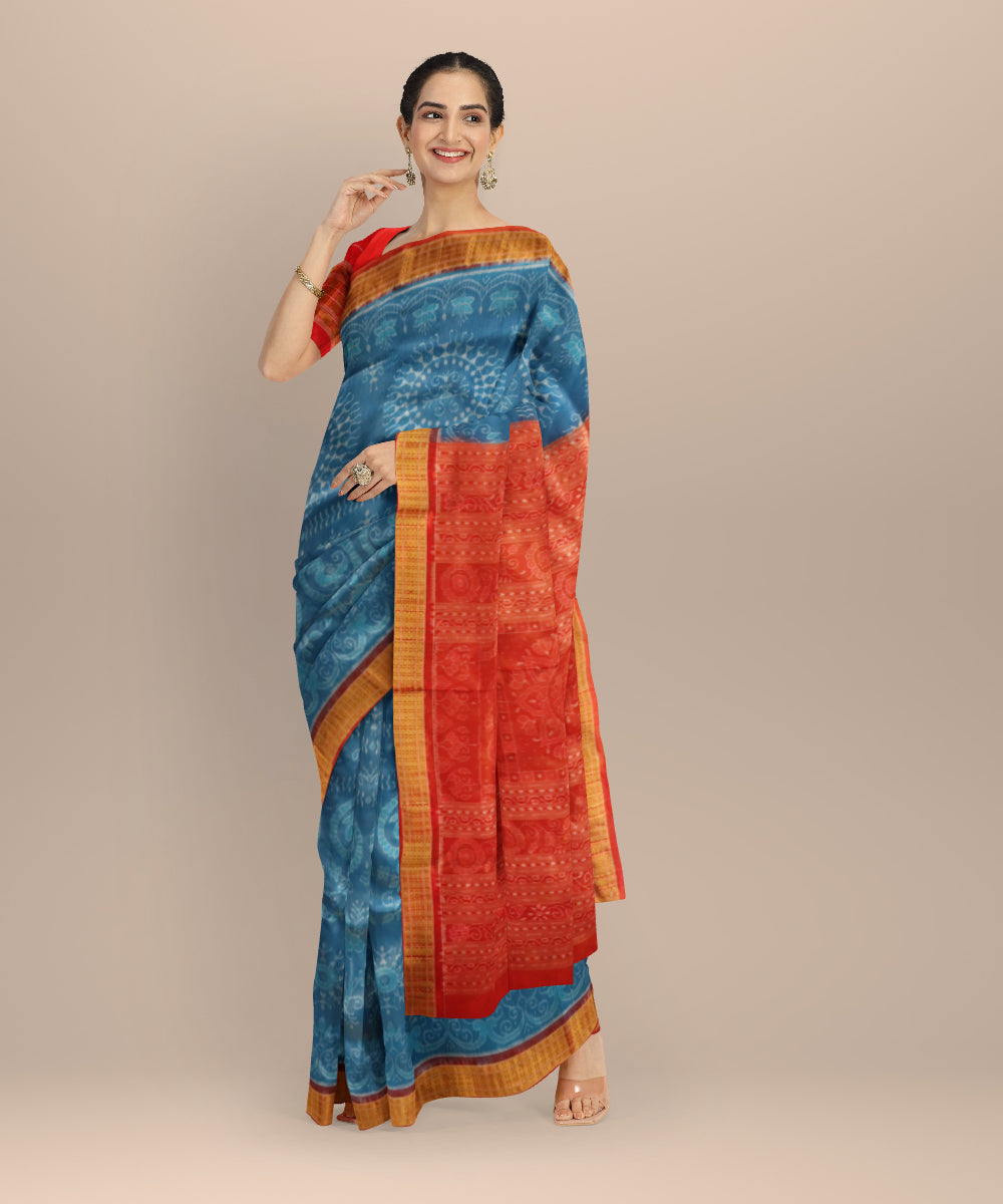 Sky Blue Dark Red Silk Handloom Sambalpuri Saree 3