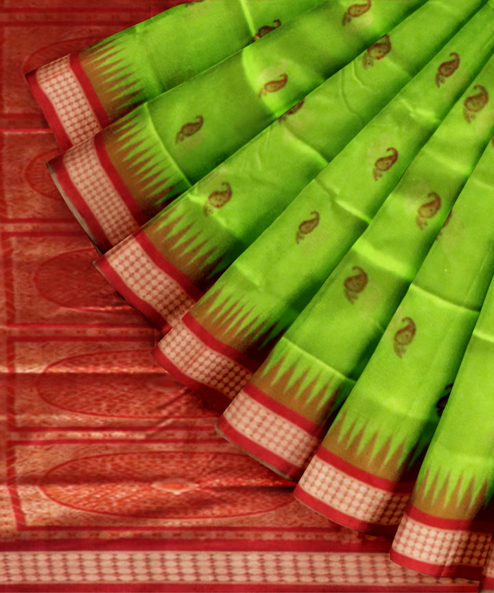 Teal Green Dark Red Silk Handloom Bomkai Saree