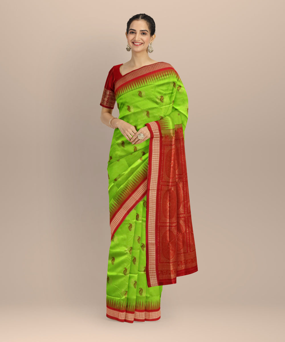 Teal Green Dark Red Silk Handloom Bomkai Saree