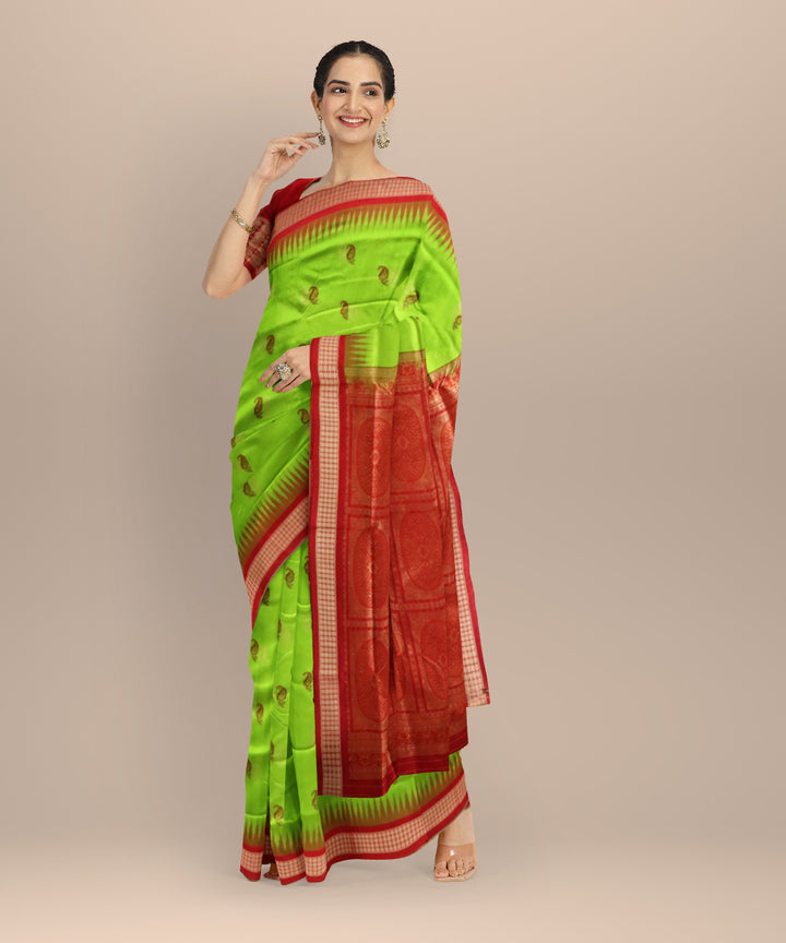 Teal Green Dark Red Silk Handloom Bomkai Saree