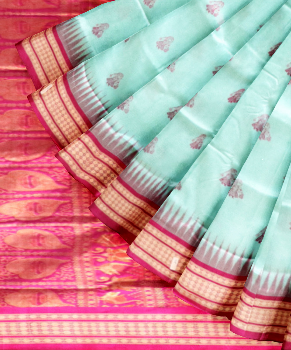 Cyan Blue Fluorescent Pink Silk Handloom Bomkai Saree