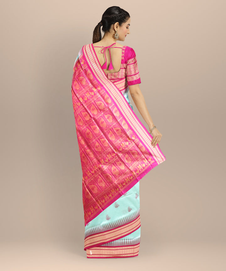 Cyan Blue Fluorescent Pink Silk Handloom Bomkai Saree