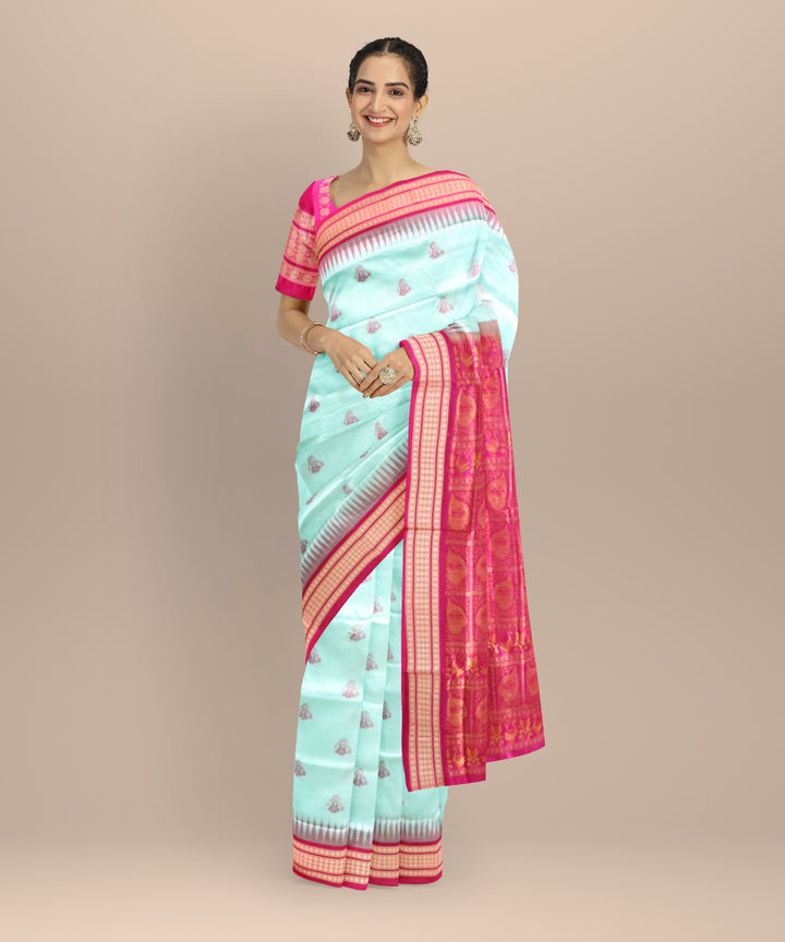 Cyan Blue Fluorescent Pink Silk Handloom Bomkai Saree