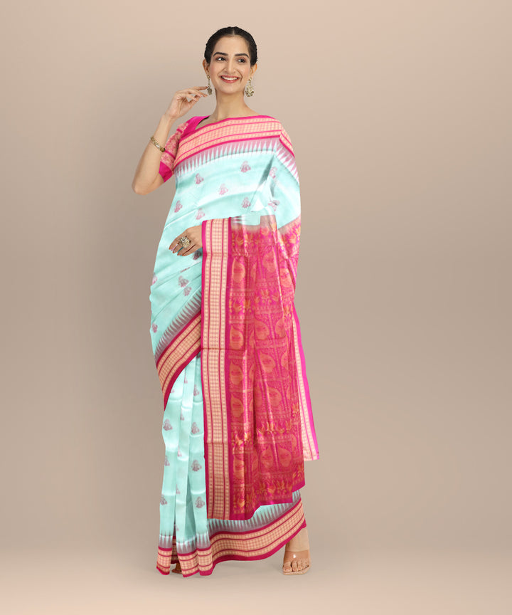 Cyan Blue Fluorescent Pink Silk Handloom Bomkai Saree