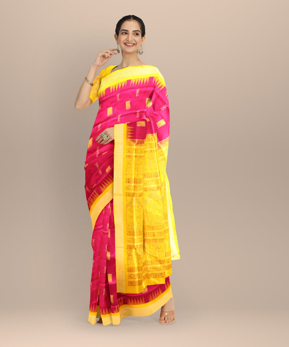 Pink Electric Yellow Silk Handloom Bomkai Saree