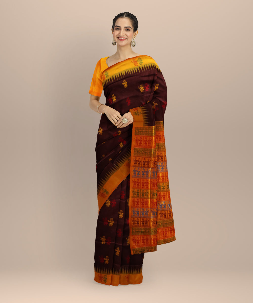 Brown Dark Tangerine Silk Handloom Bomkai Saree