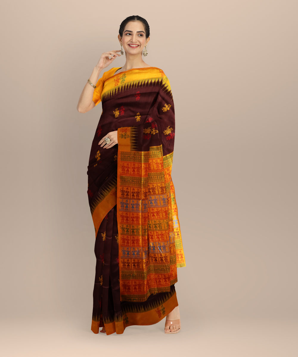 Brown Dark Tangerine Silk Handloom Bomkai Saree