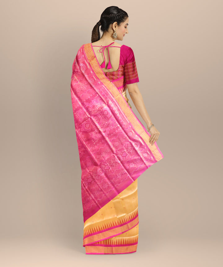 Beige Fluorescent Pink Silk Handloom Bomkai Saree