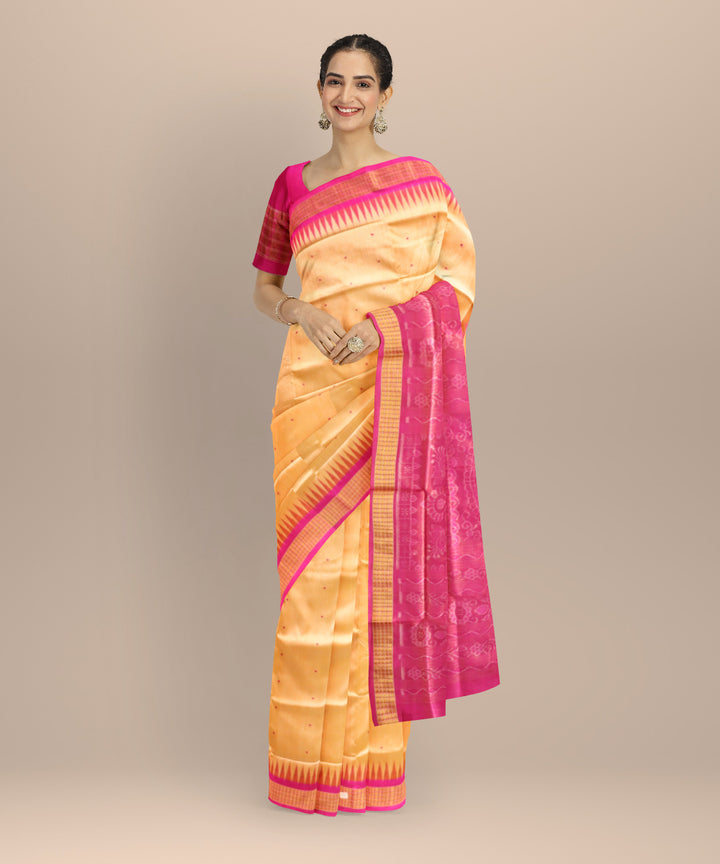 Beige fluorescent pink silk handloom bomkai saree