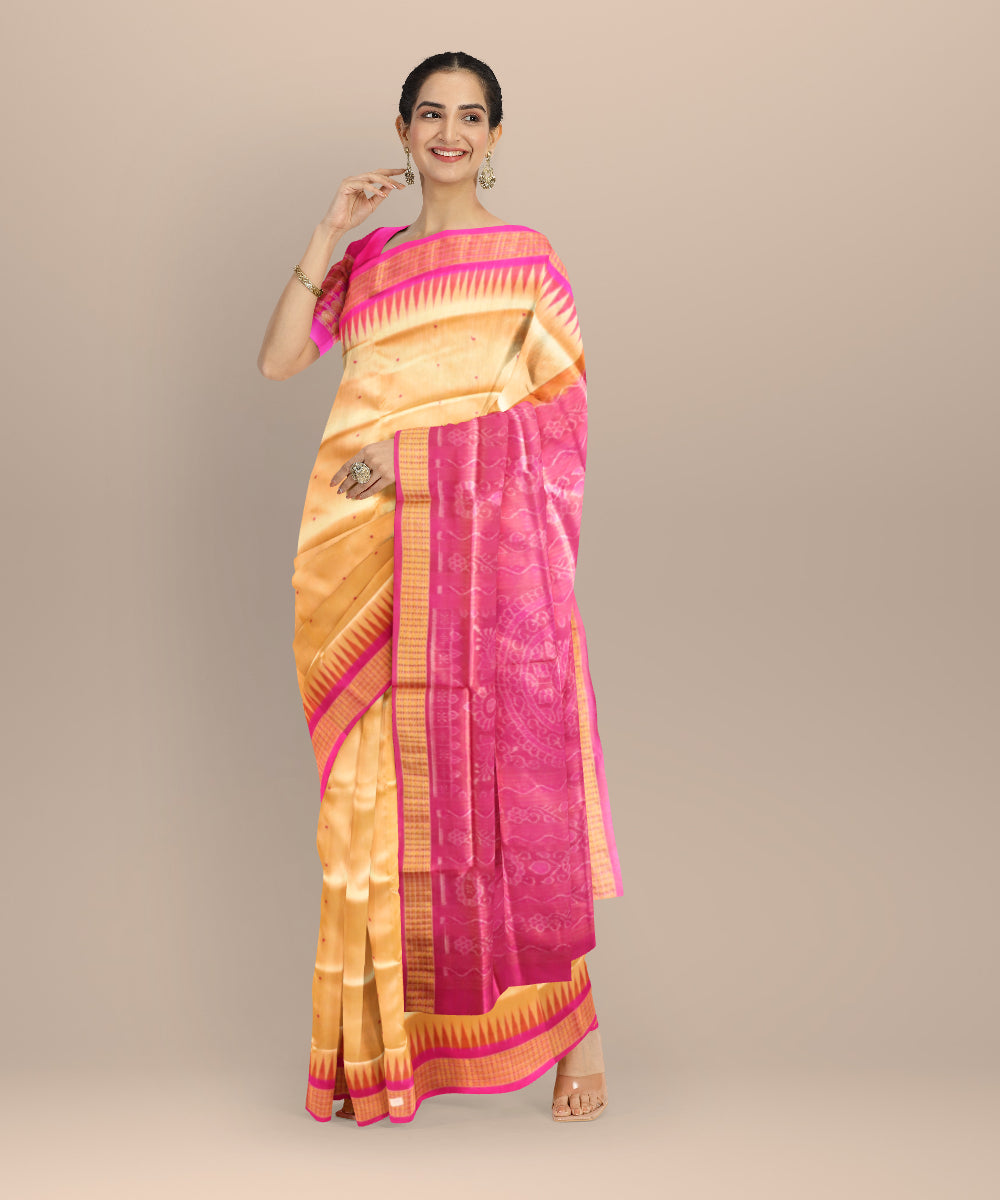 Beige Fluorescent Pink Silk Handloom Bomkai Saree