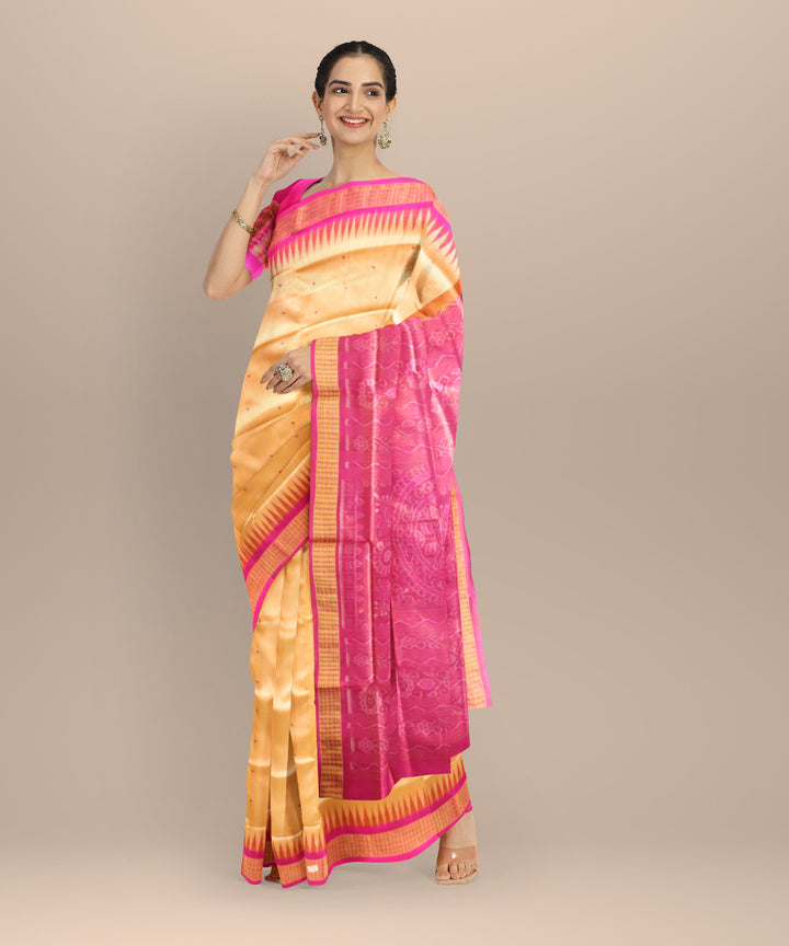 Beige Fluorescent Pink Silk Handloom Bomkai Saree