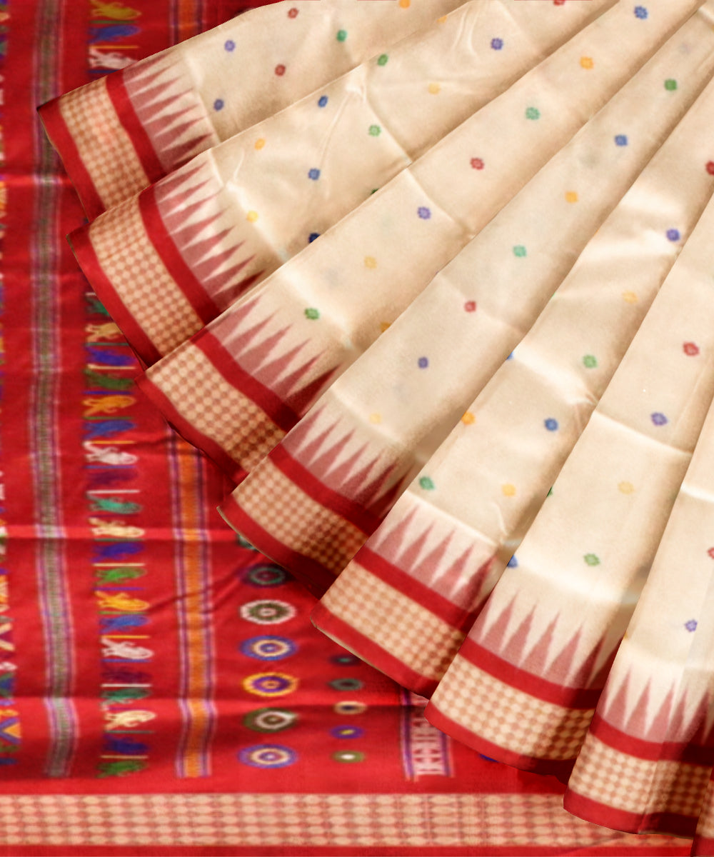 White Dark Red Silk Handloom Bomkai Saree 2