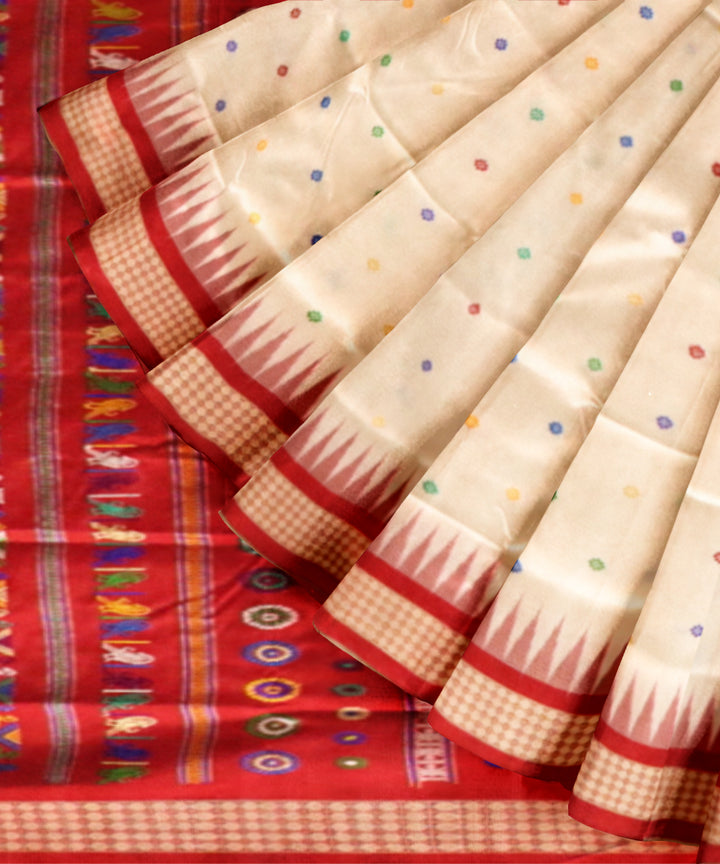 White dark red silk handloom bomkai saree