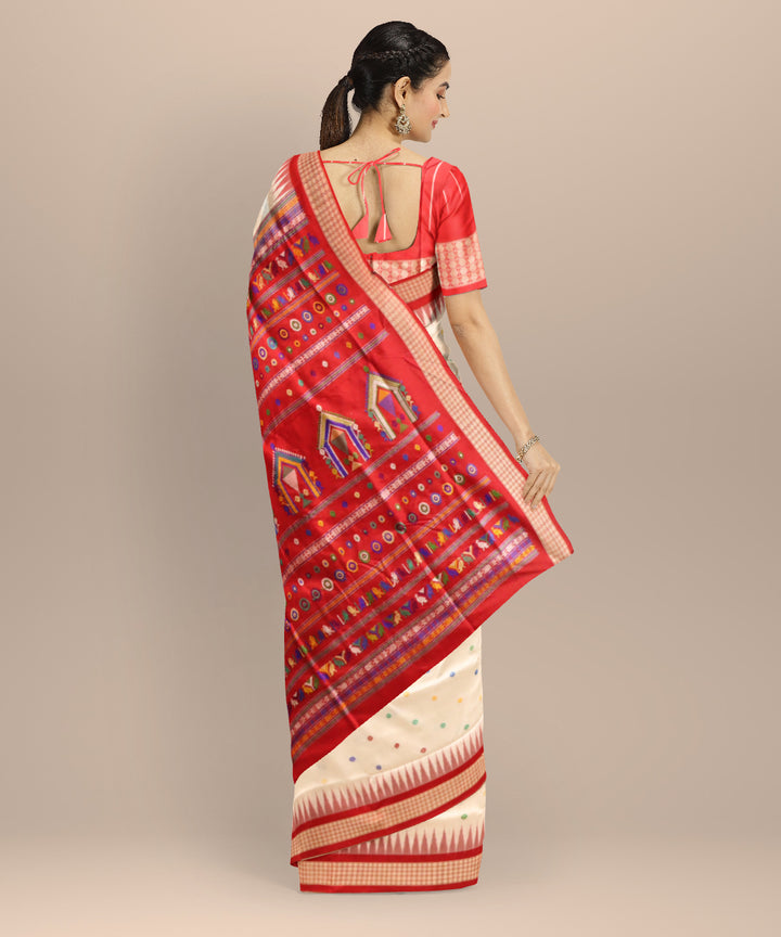 White Dark Red Silk Handloom Bomkai Saree 2