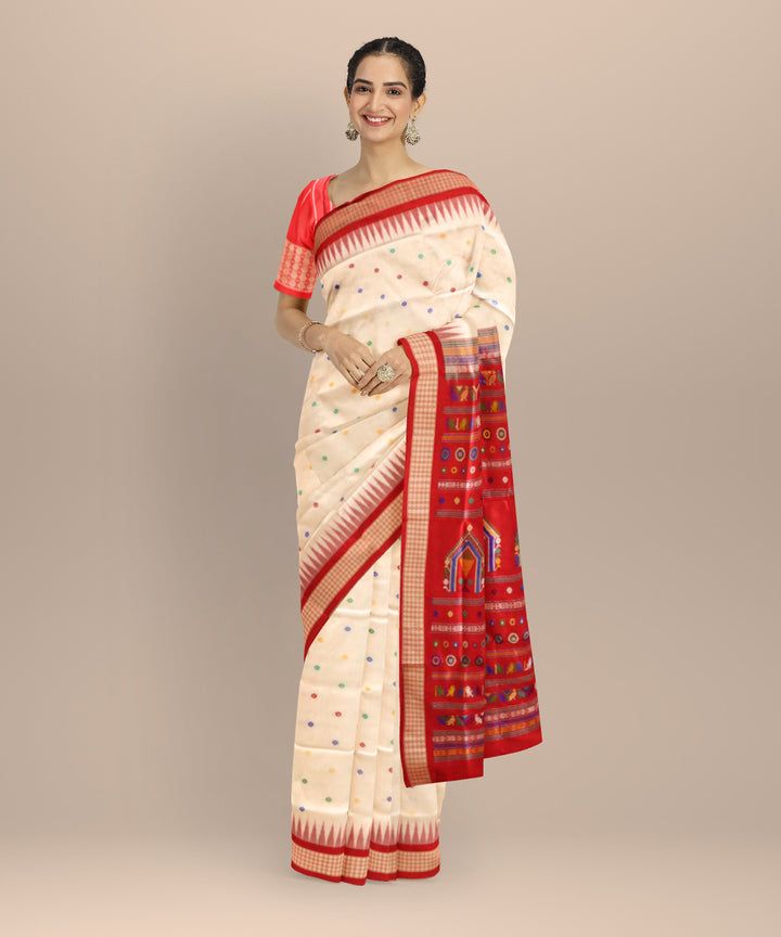 White Dark Red Silk Handloom Bomkai Saree 2