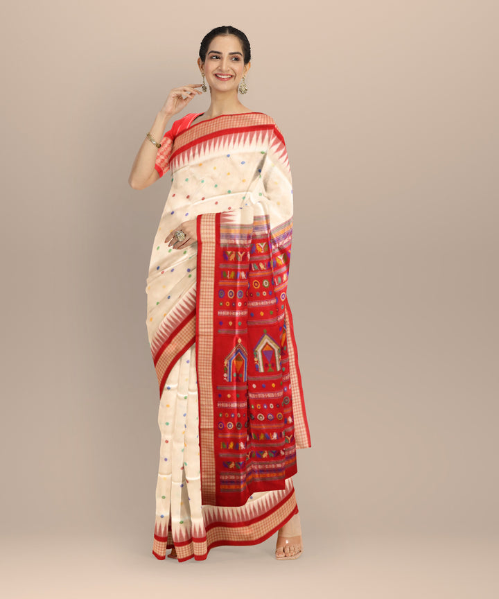 White Dark Red Silk Handloom Bomkai Saree 2