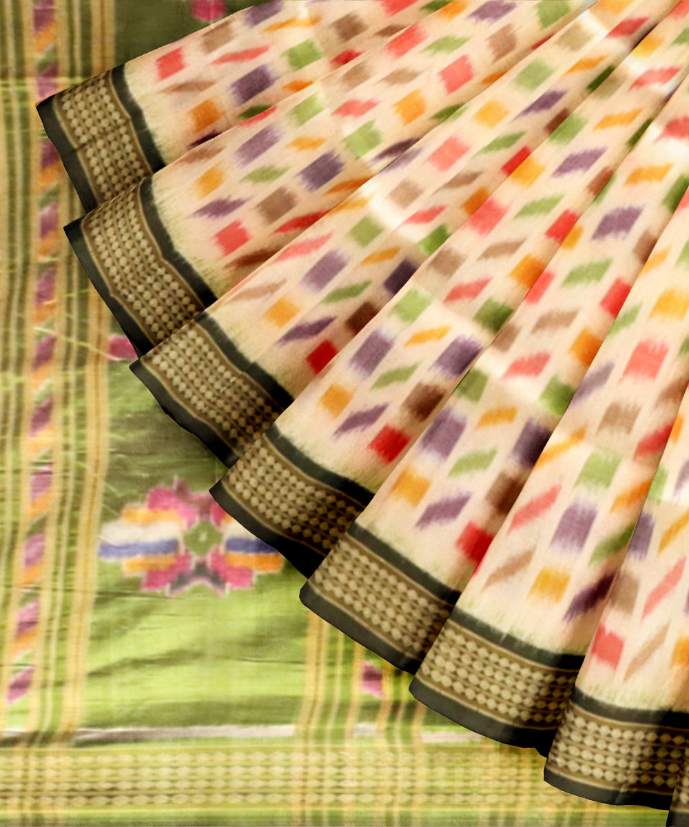 White Dark Green Silk Handloom Khandua Saree