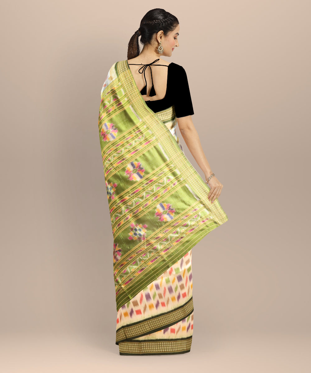 White Dark Green Silk Handloom Khandua Saree