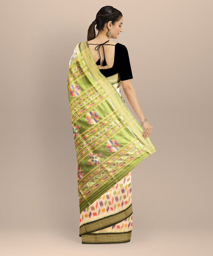 White Dark Green Silk Handloom Khandua Saree