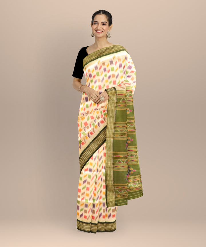 White Dark Green Silk Handloom Khandua Saree