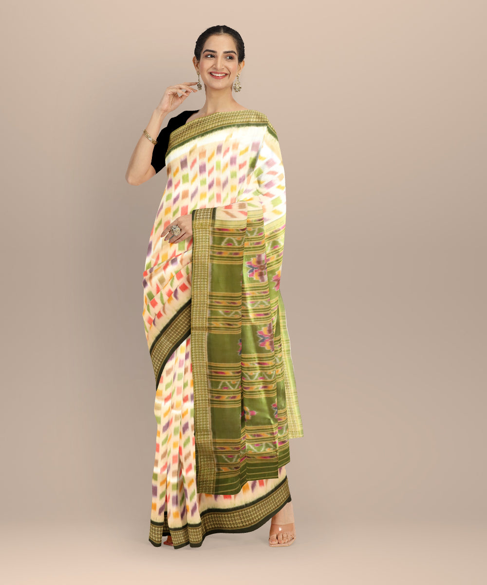 White Dark Green Silk Handloom Khandua Saree