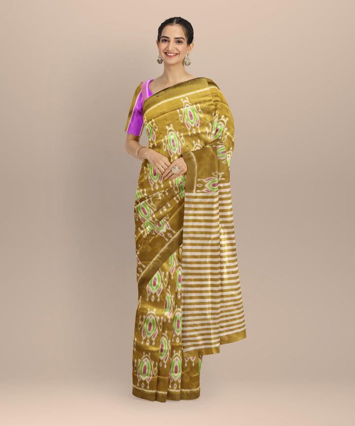 Olive Green Dark Tan Silk Handloom Sambalpuri Saree