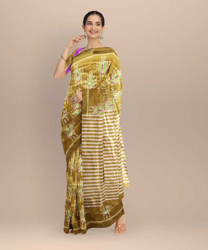 Olive green dark tan silk handloom sambalpuri saree